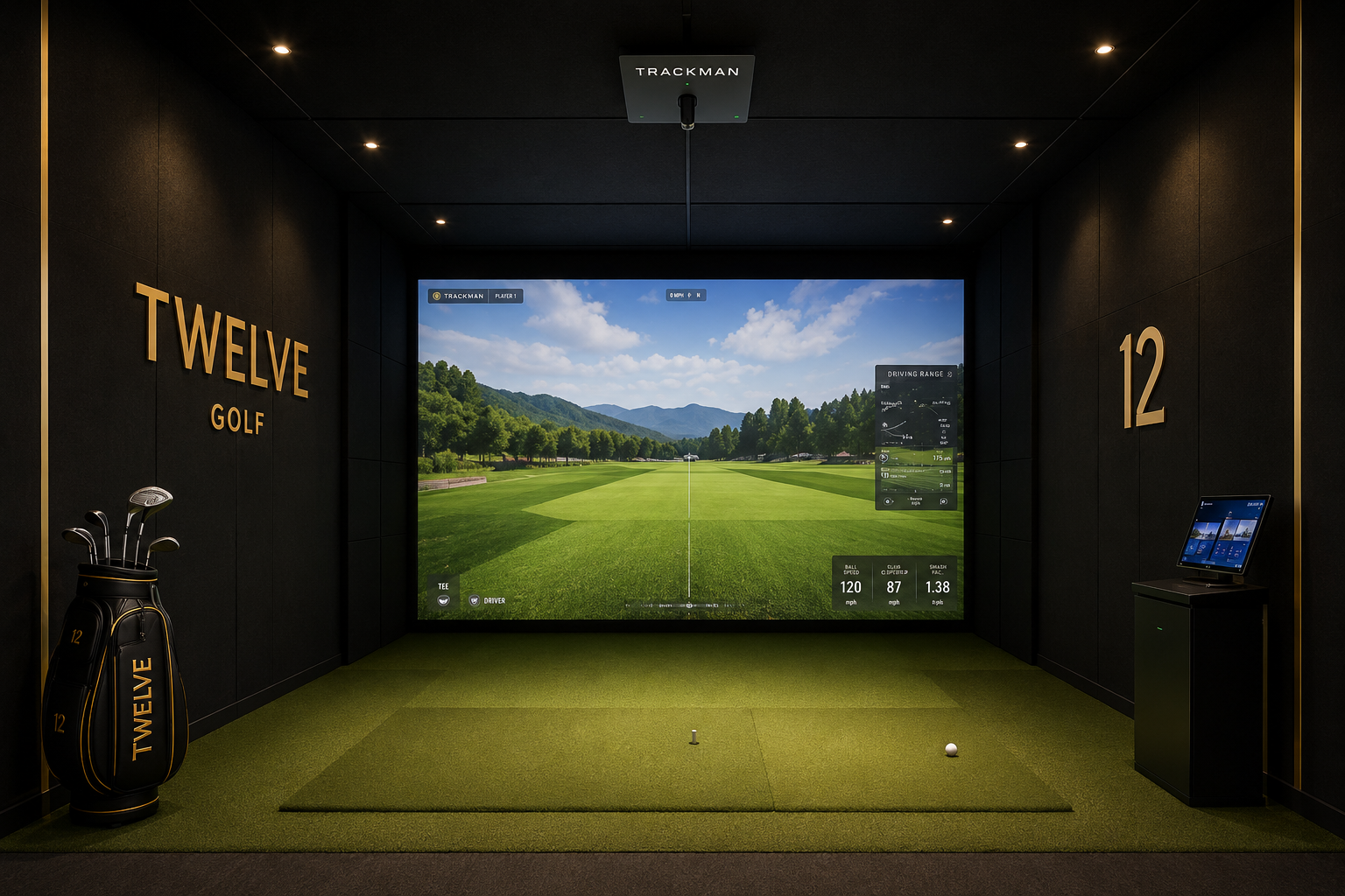 Twelve Golf simulator bay with TrackMan launch monitor and large course screen