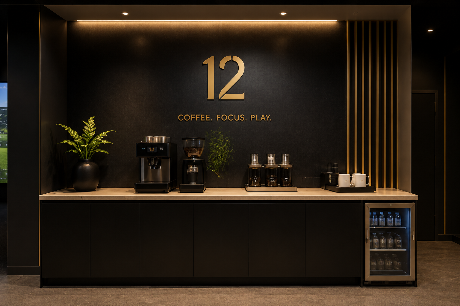 Twelve Golf coffee area with espresso machine, grinder, drink station, and Twelve branding