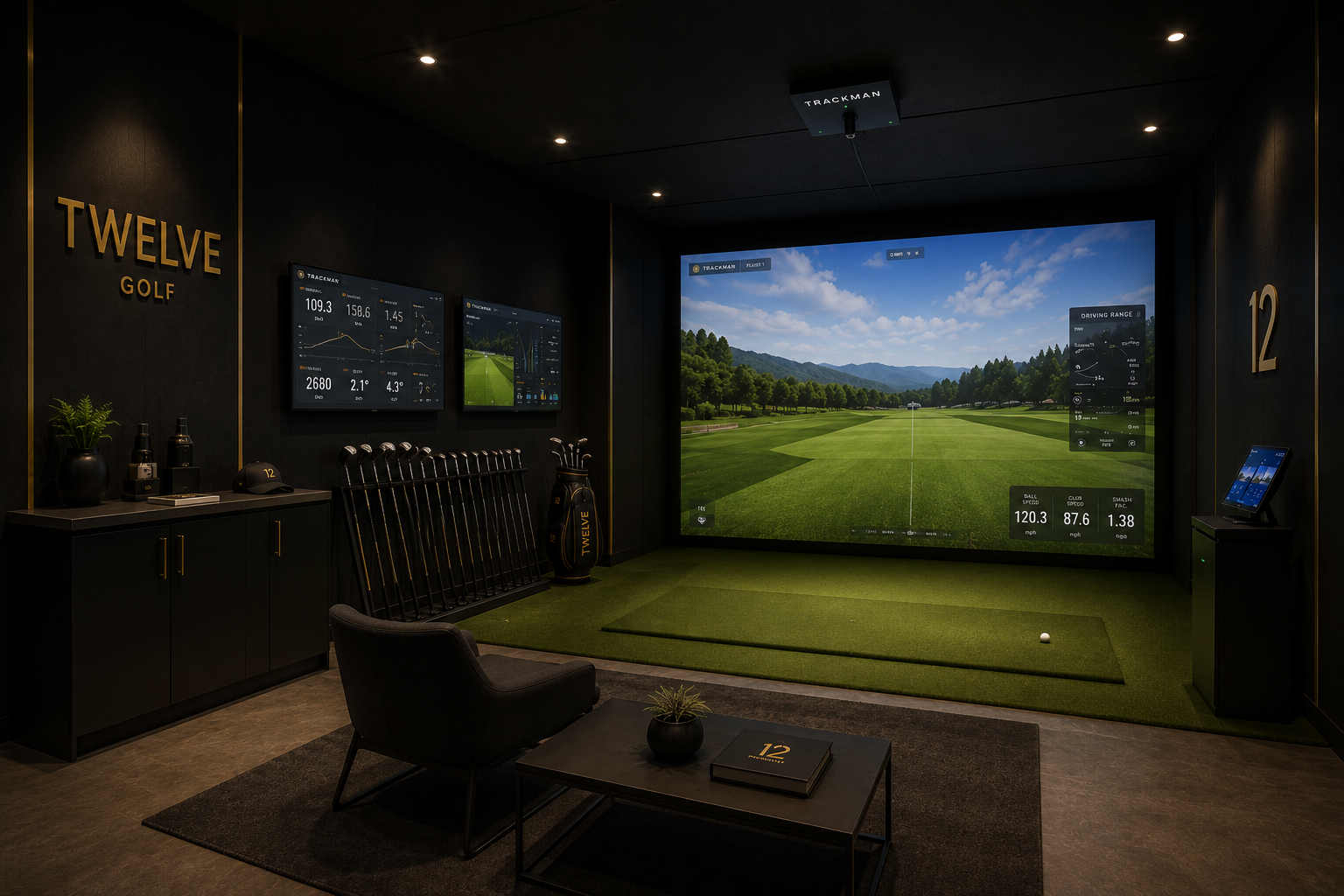 Twelve Golf fitting bay with club fitting displays, premium seating, and simulator screen