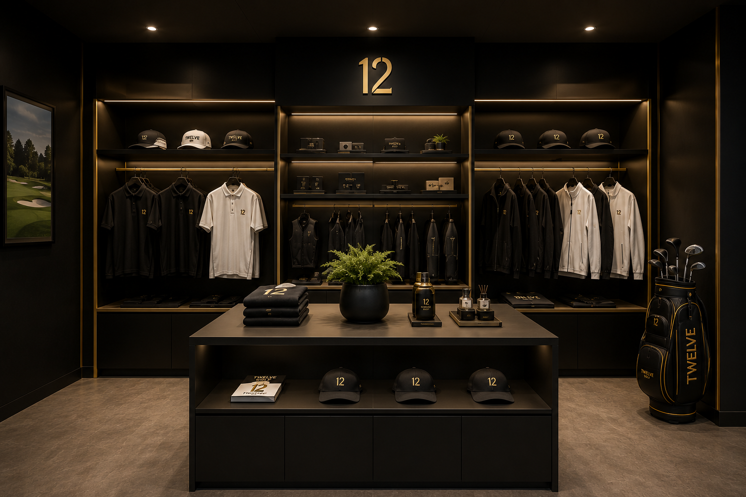 Twelve Golf merchandise area with polos, hats, apparel, and golf bag display