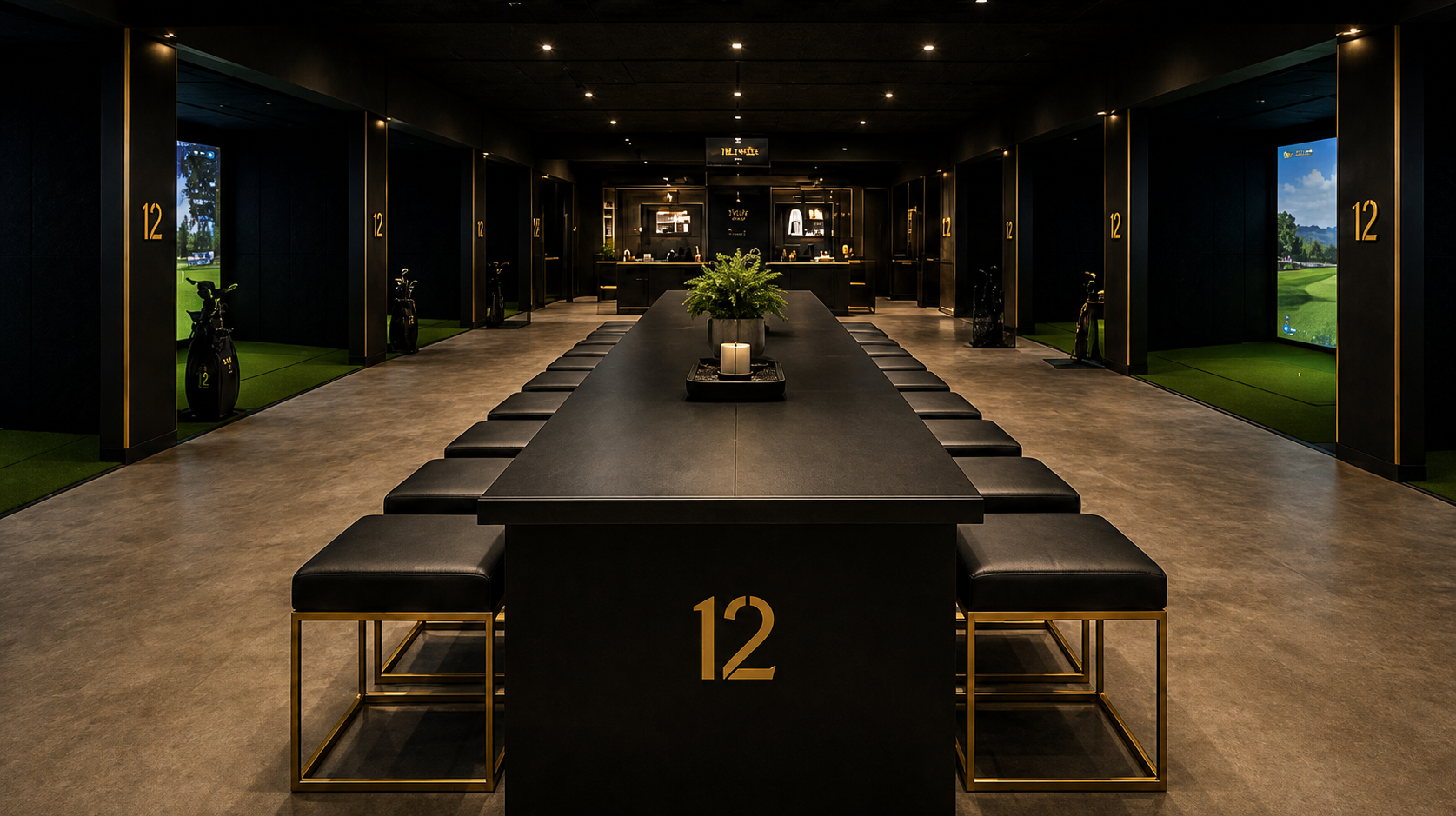 Twelve Golf club interior with simulator bays and central gathering table